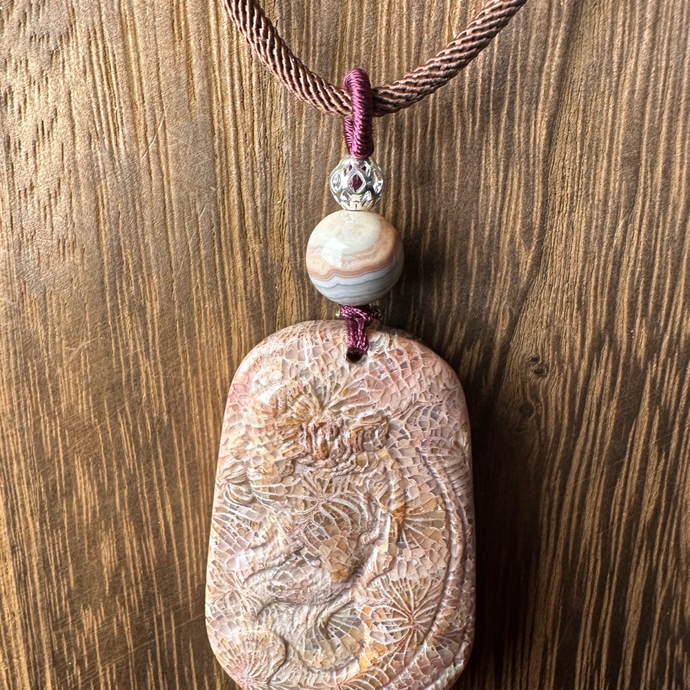 Handcrafted Coral Fossil Lady Pendant Necklace, Botswana Agate on Brown Rope - Picture 11 of 13